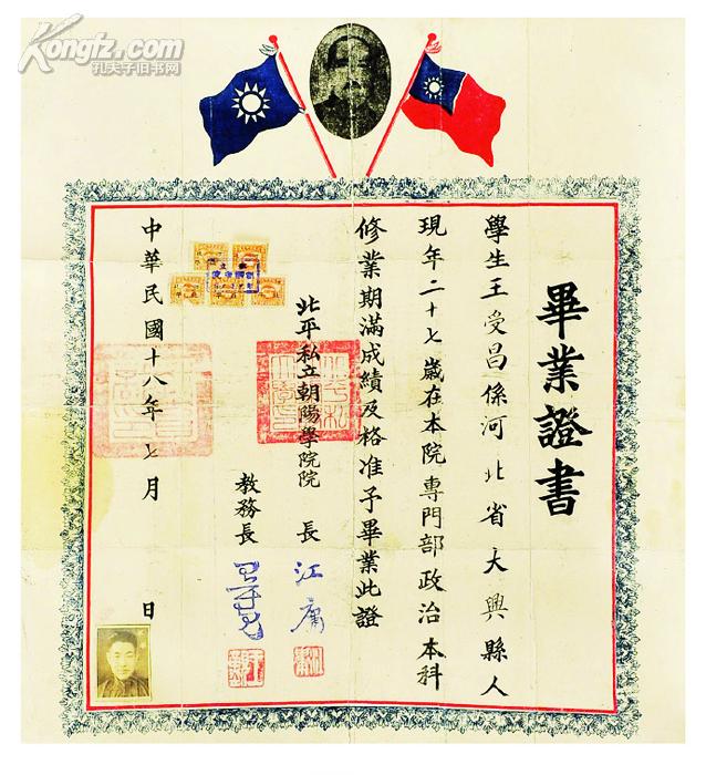 江庸(1878-1960)颁发私立朝阳学院毕业证书