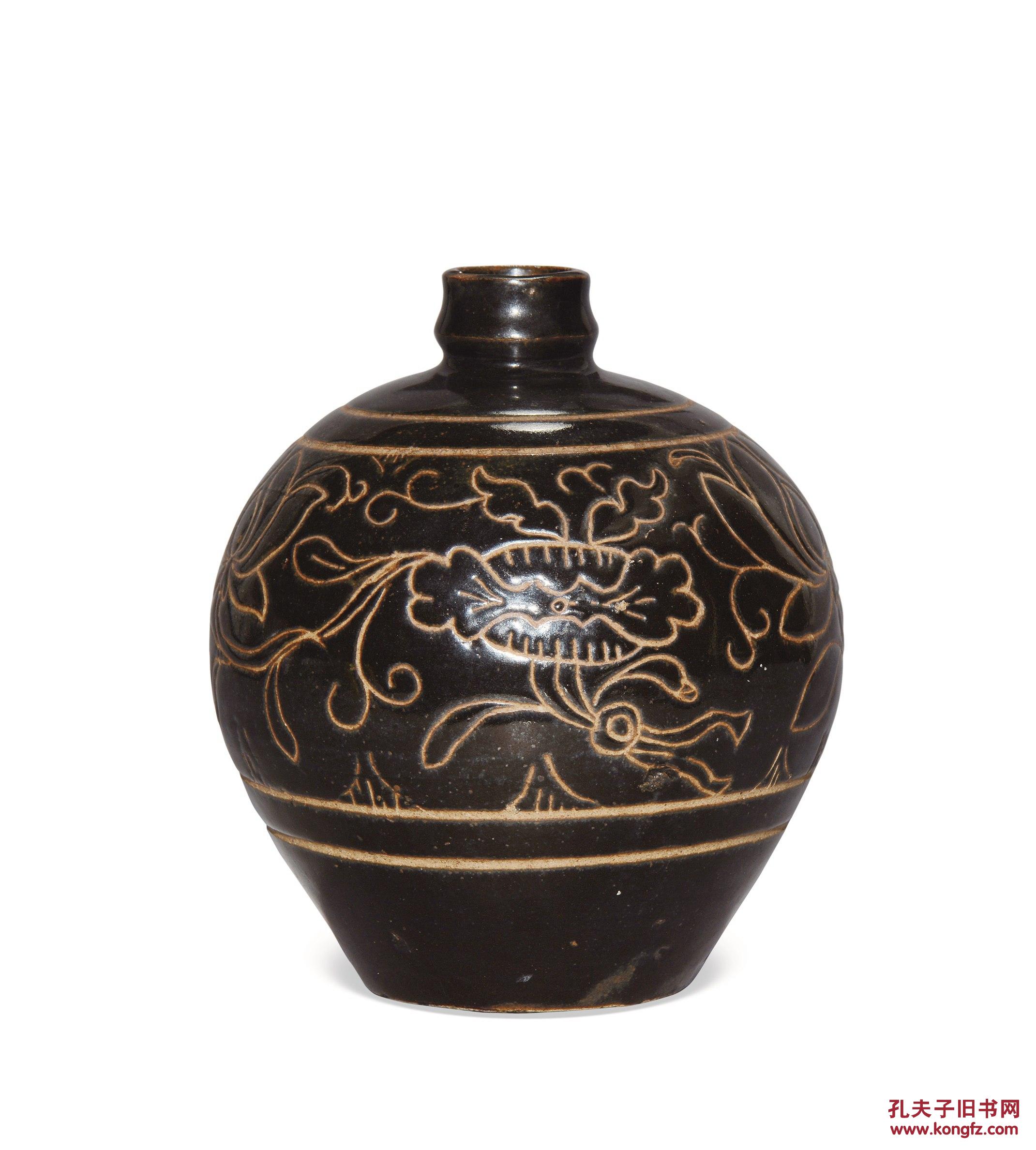 山西黑釉刻花嘟噜瓶